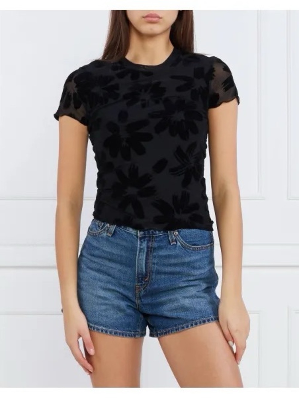DESIGUAL Women’s Black Floral Flocked Mesh Short Sleeve Tee Shirt Size Large
